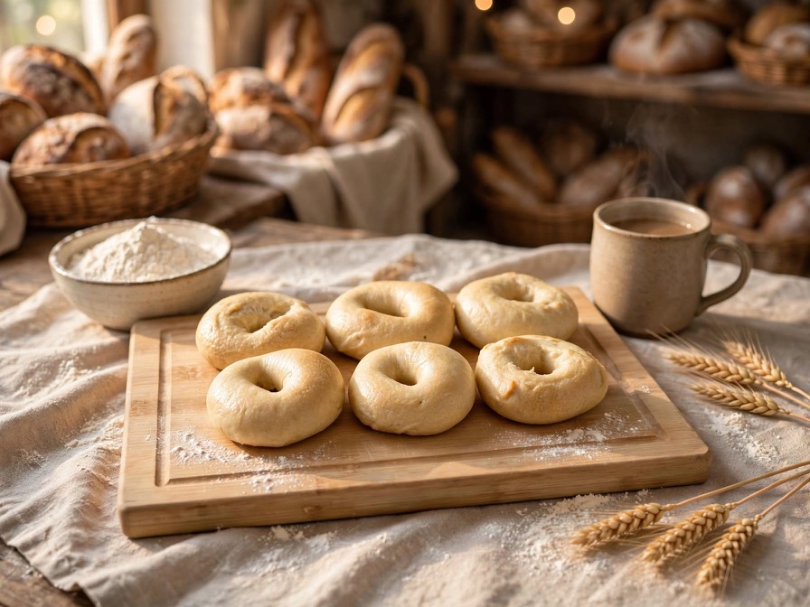 A tray of eight golden sourdough bagels