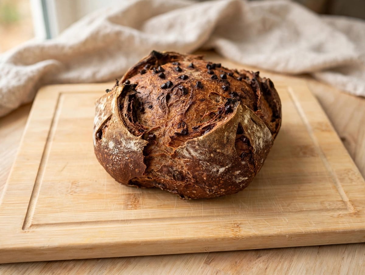 A round sourdough loaf studded with dark chocolate chips
