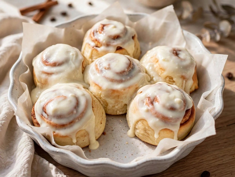 A dish of iced sourdough cinnamon rolls, glaze dripping down the sides