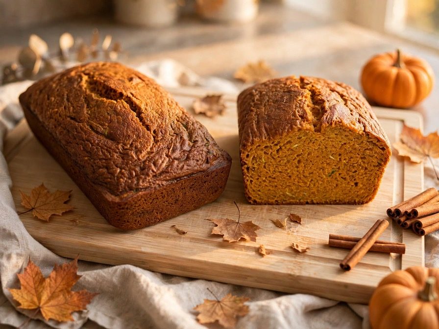 Two loaves of pumpkin zucchini bread on a board, one sliced to show the orange crumb
